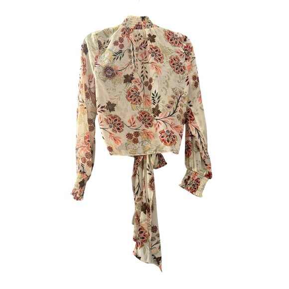 Oliveaceous Floral Print High Neck Tie Front Blouse With Smocked Cuffs & Long Ta - Picture 1 of 7